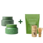 Kūno kremas ir šveitiklis su dumbliais ir matcha + Ekologiška MATCHA (100 g) ir šluotelė